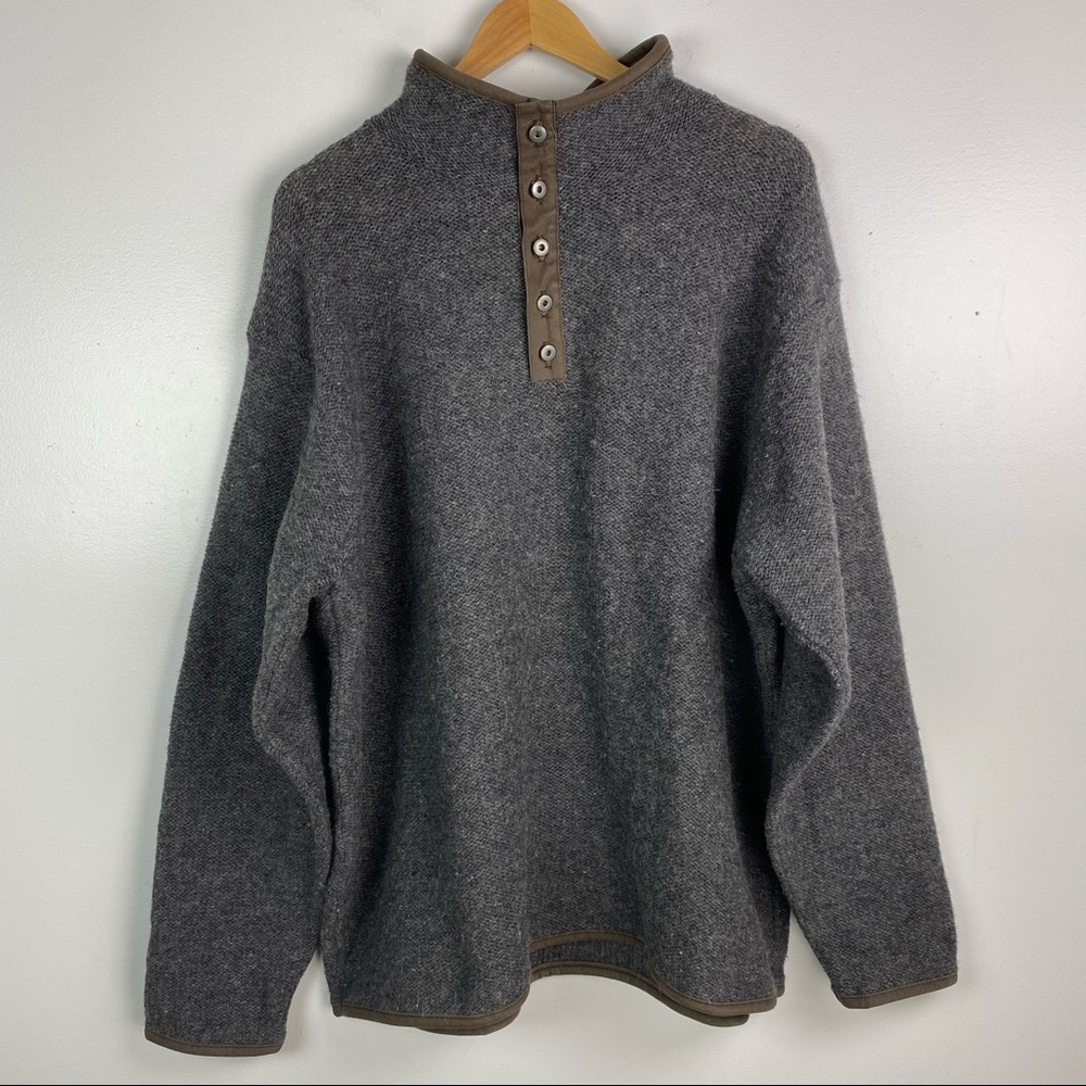 Lands End L 100% Wool Sweater Pullover Button Mock Neck Gray Knit Long Sleeve